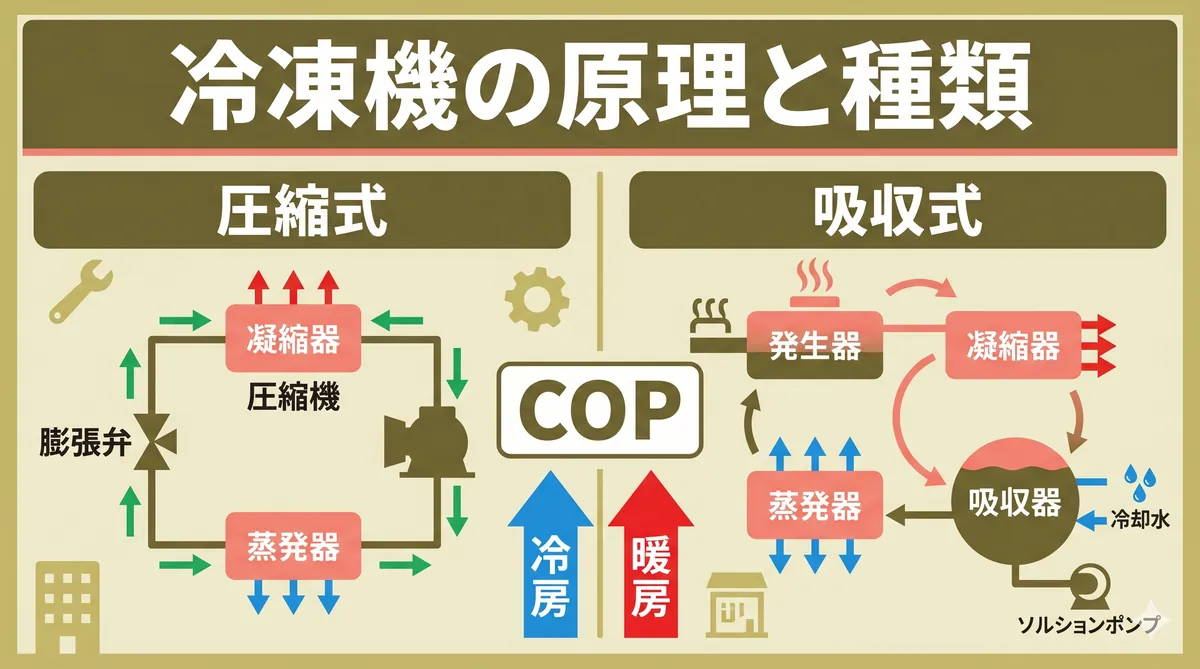 【ビル管理士・空気環境】冷凍機の原理と種類（圧縮式・吸収式・ヒートポンプ・圧縮機の種類）