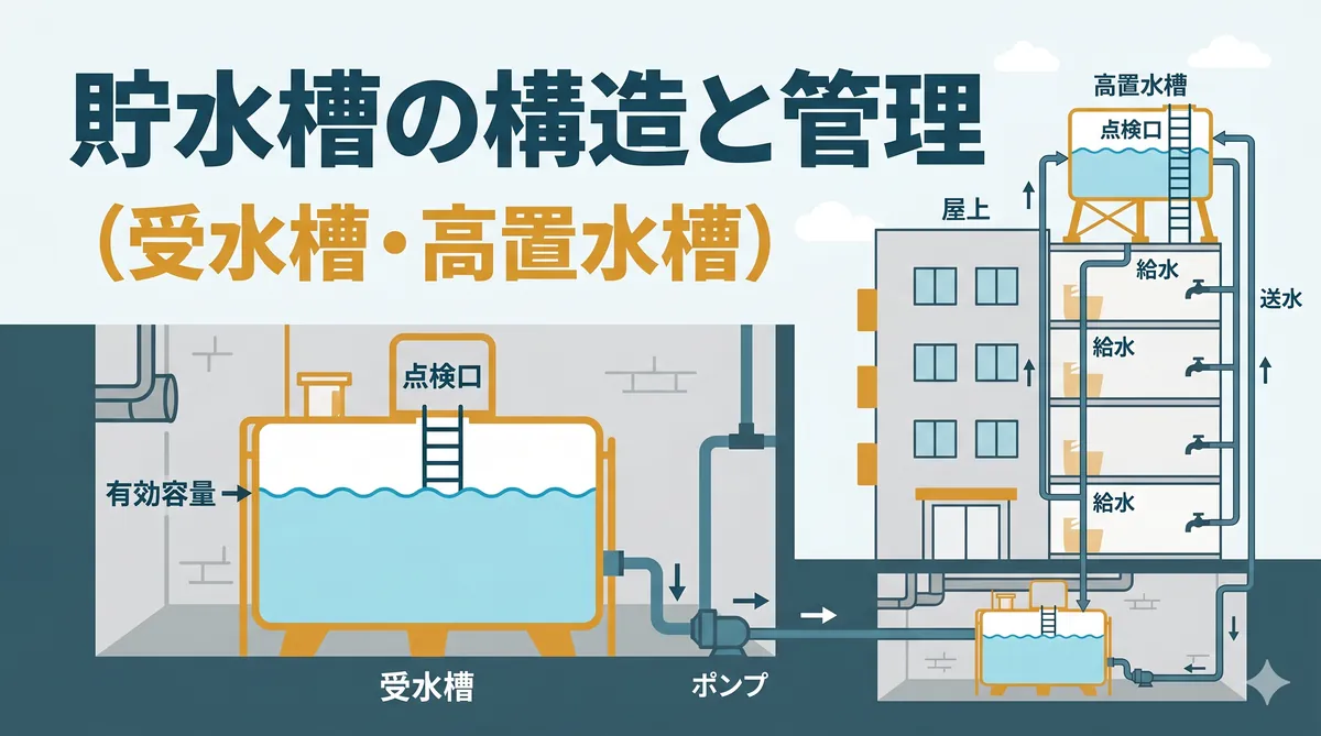 【ビル管理士・給排水】貯水槽の構造と管理（受水槽・高置水槽の材質・容量・清掃・簡易専用水道）