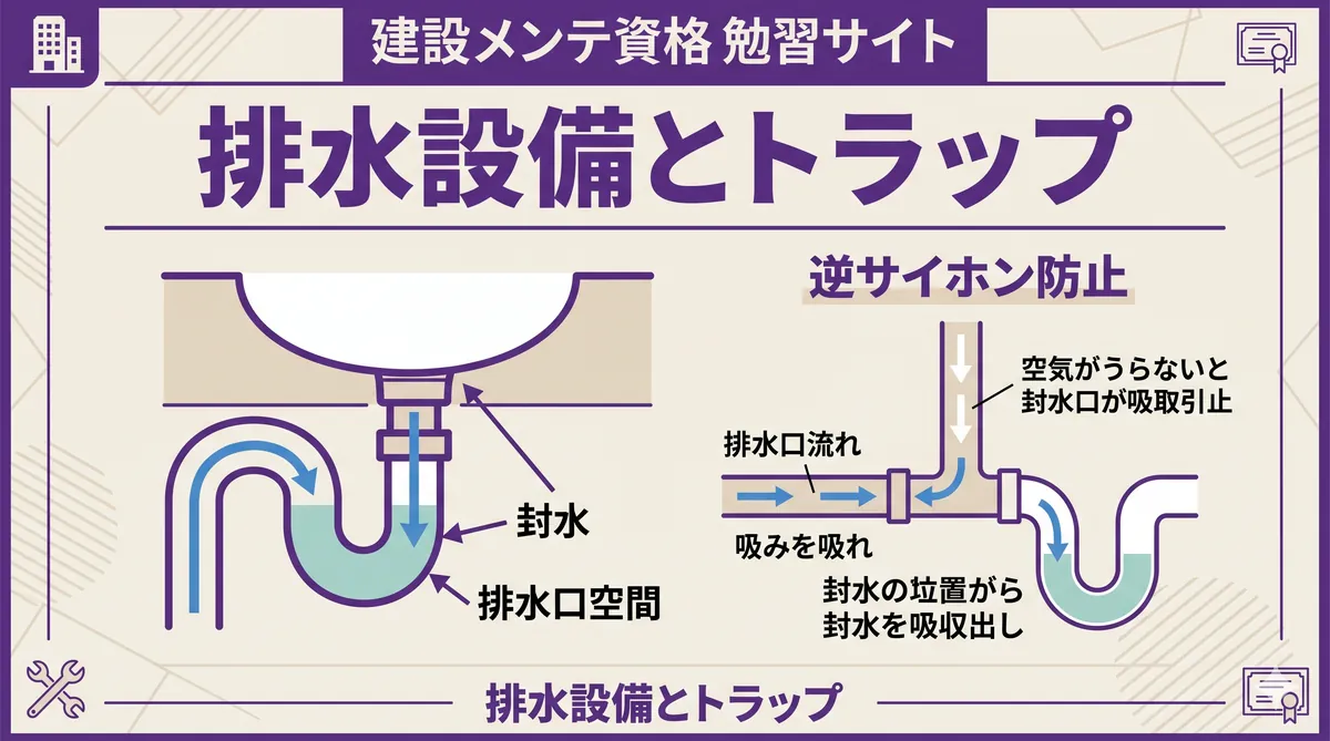 【ビル管理士・給排水】排水設備とトラップ（トラップの種類・封水・排水口空間・排水管径）