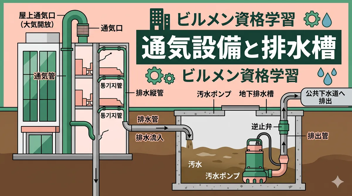 【ビル管理士・給排水】通気設備と排水槽（伸頂通気・ループ通気・各個通気・排水槽の構造と清掃）