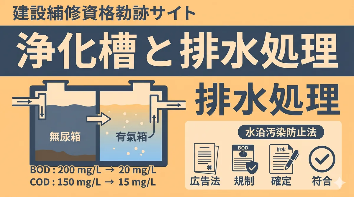 【ビル管理士・給排水】浄化槽と排水処理（浄化槽法・処理方式・BOD・COD・水質汚濁防止法）